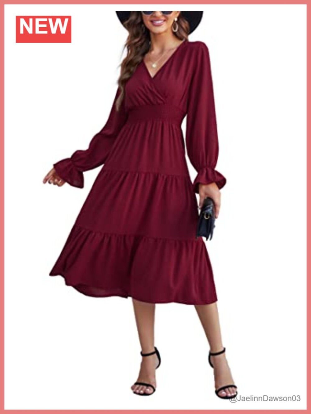 Women's Casual Wrap V Neck Midi Dress Long Sleeve Smocked Waist Tiered A-Line